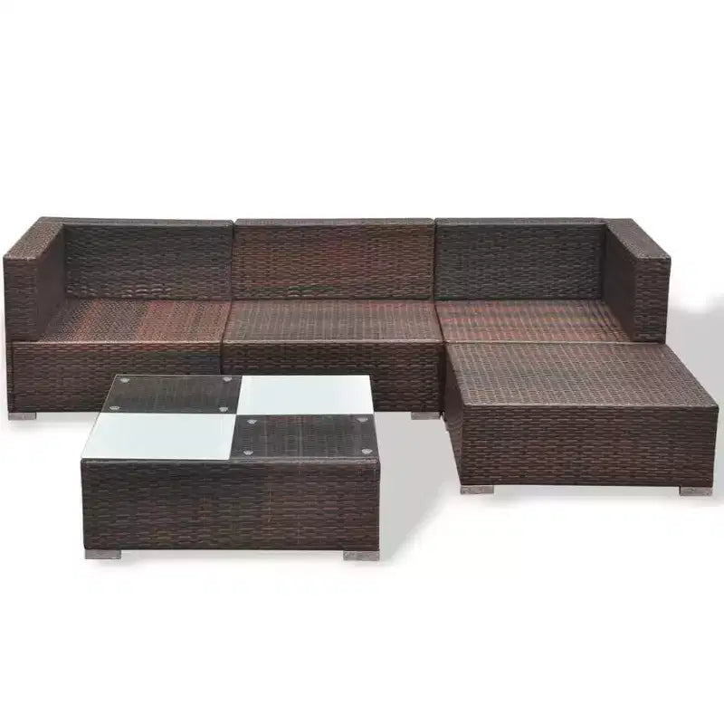 vidaXL conjunto de salón para patio de 5 piezas - ratán sintético, marrón - conjunto de sofá para exteriores duradero y resistente a todo tipo de clima, con cojines, otomana y mesa de té