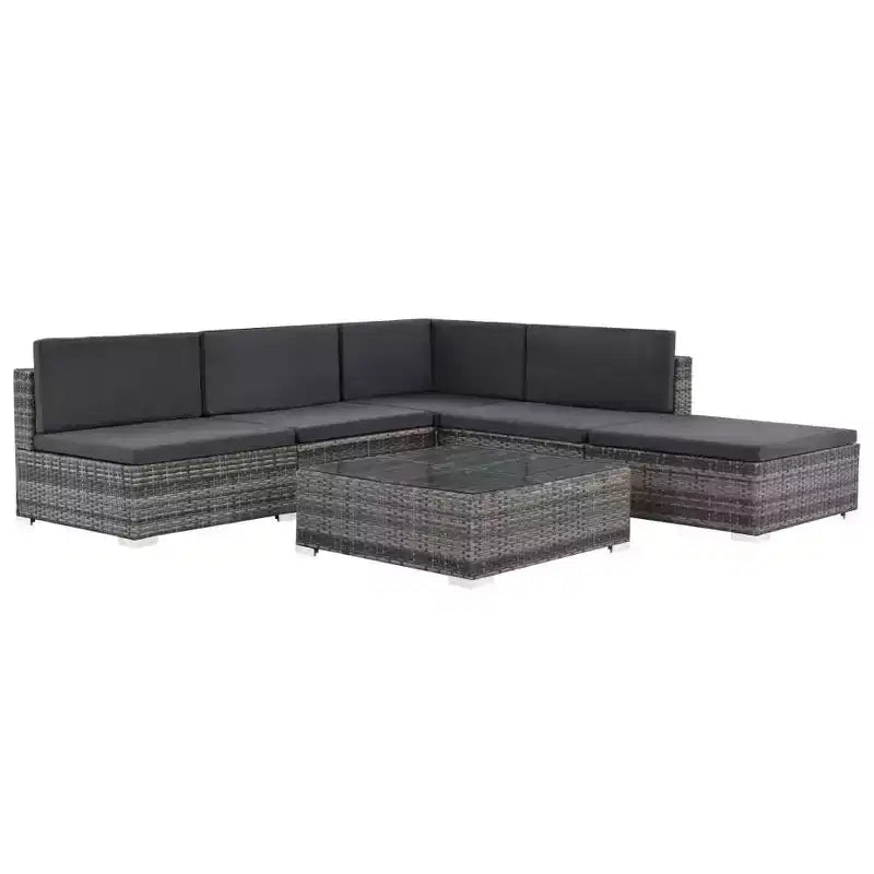 Ensemble de salon de jardin vidaXL - canapé d'angle 6 pièces en polyrotin gris avec table basse et pouf - sièges d'extérieur confortables avec coussins