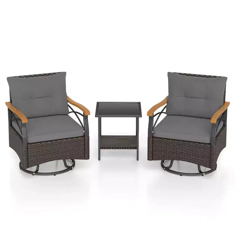 Costway conjunto de sillas giratorias para exteriores de 3 piezas con mesa auxiliar de vidrio templado de 2 niveles y cojines, gris/blanco