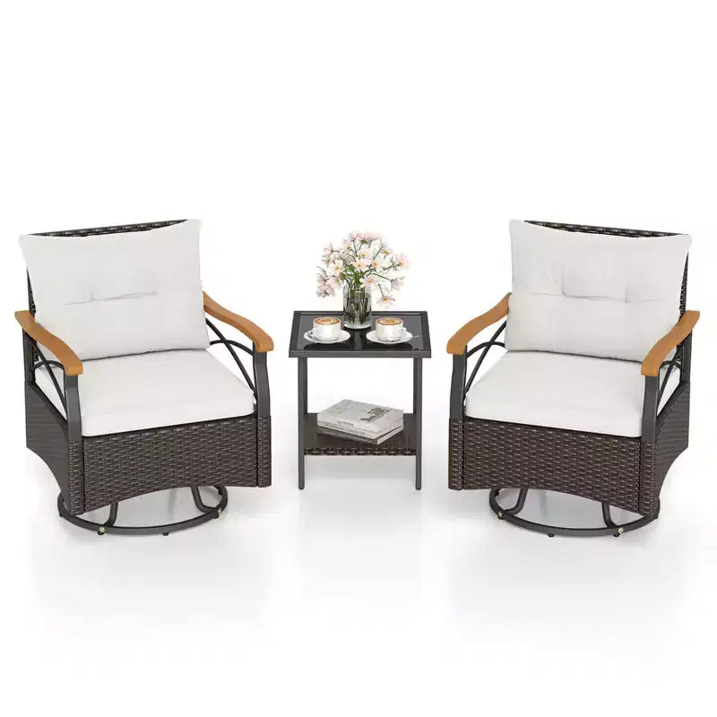 Costway conjunto de sillas giratorias para exteriores de 3 piezas con mesa auxiliar de vidrio templado de 2 niveles y cojines, gris/blanco