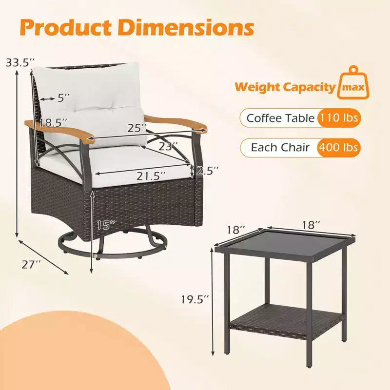 Costway conjunto de sillas giratorias para exteriores de 3 piezas con mesa auxiliar de vidrio templado de 2 niveles y cojines, gris/blanco