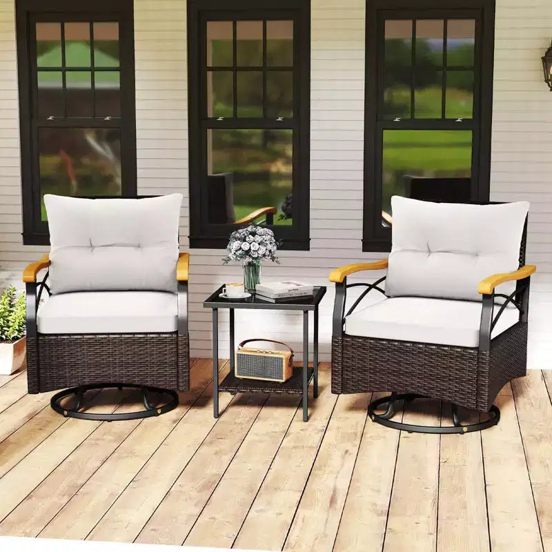 Costway conjunto de sillas giratorias para exteriores de 3 piezas con mesa auxiliar de vidrio templado de 2 niveles y cojines, gris/blanco