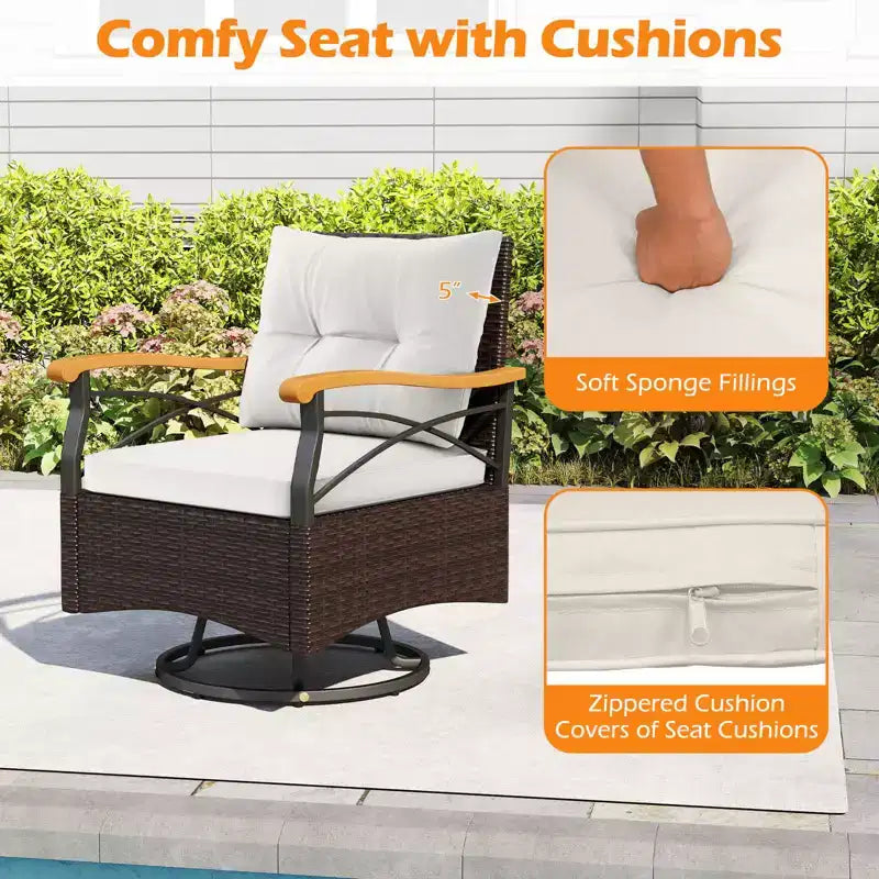 Costway conjunto de sillas giratorias para exteriores de 3 piezas con mesa auxiliar de vidrio templado de 2 niveles y cojines, gris/blanco