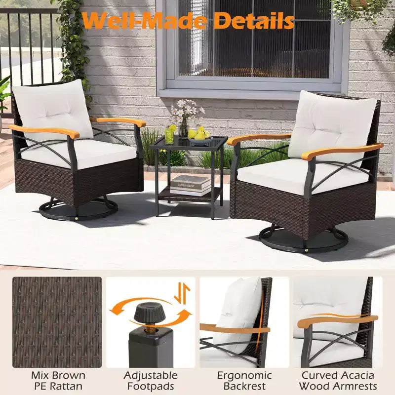 Costway conjunto de sillas giratorias para exteriores de 3 piezas con mesa auxiliar de vidrio templado de 2 niveles y cojines, gris/blanco