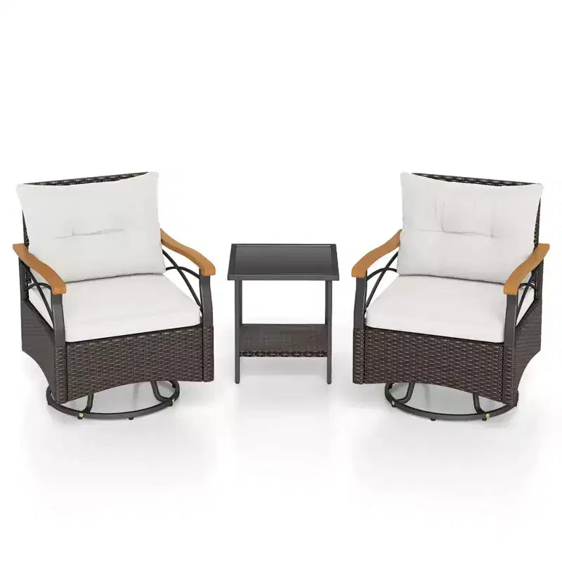 Costway conjunto de sillas giratorias para exteriores de 3 piezas con mesa auxiliar de vidrio templado de 2 niveles y cojines, gris/blanco