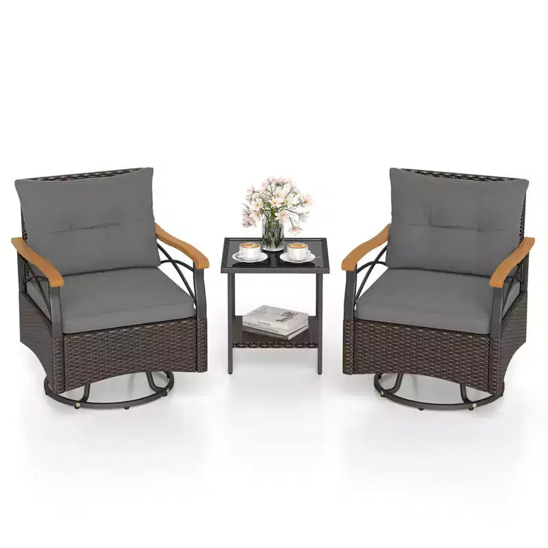 Costway conjunto de sillas giratorias para exteriores de 3 piezas con mesa auxiliar de vidrio templado de 2 niveles y cojines, gris/blanco
