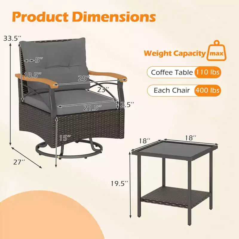 Costway conjunto de sillas giratorias para exteriores de 3 piezas con mesa auxiliar de vidrio templado de 2 niveles y cojines, gris/blanco