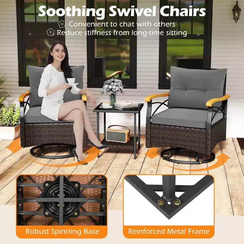 Costway conjunto de sillas giratorias para exteriores de 3 piezas con mesa auxiliar de vidrio templado de 2 niveles y cojines, gris/blanco