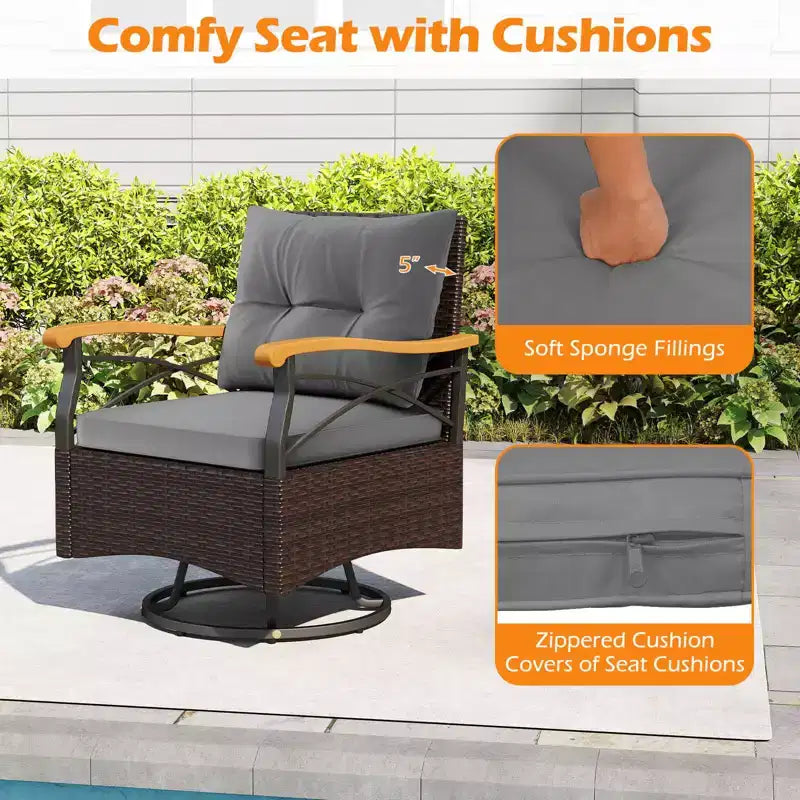 Costway conjunto de sillas giratorias para exteriores de 3 piezas con mesa auxiliar de vidrio templado de 2 niveles y cojines, gris/blanco