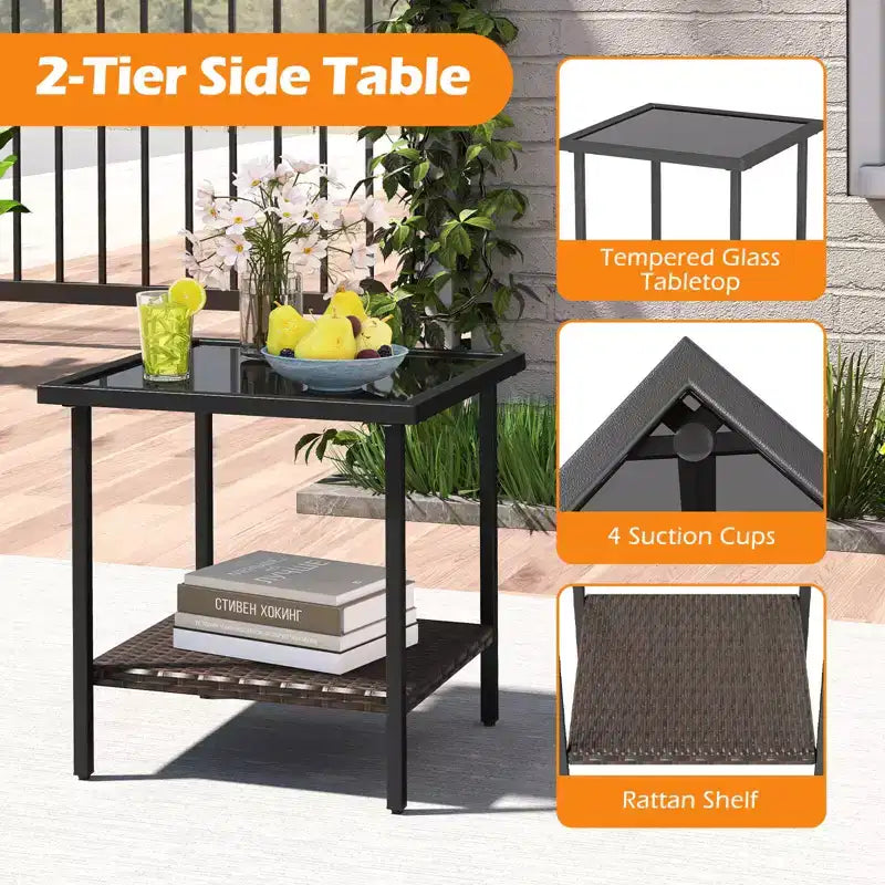 Costway conjunto de sillas giratorias para exteriores de 3 piezas con mesa auxiliar de vidrio templado de 2 niveles y cojines, gris/blanco