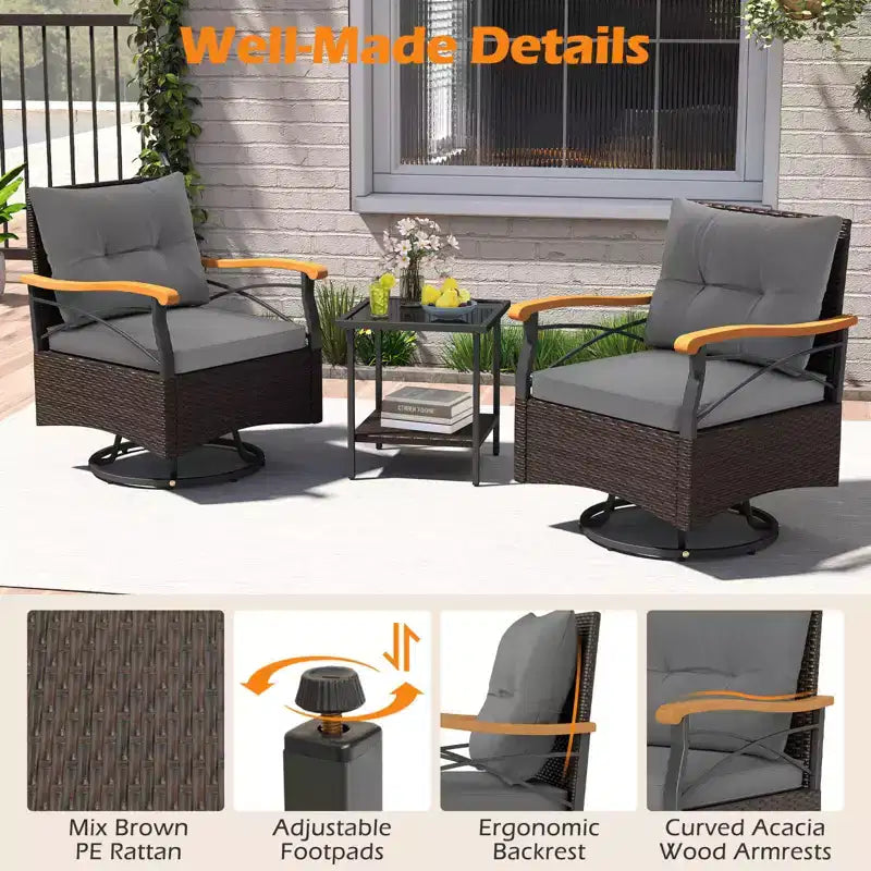Costway conjunto de sillas giratorias para exteriores de 3 piezas con mesa auxiliar de vidrio templado de 2 niveles y cojines, gris/blanco