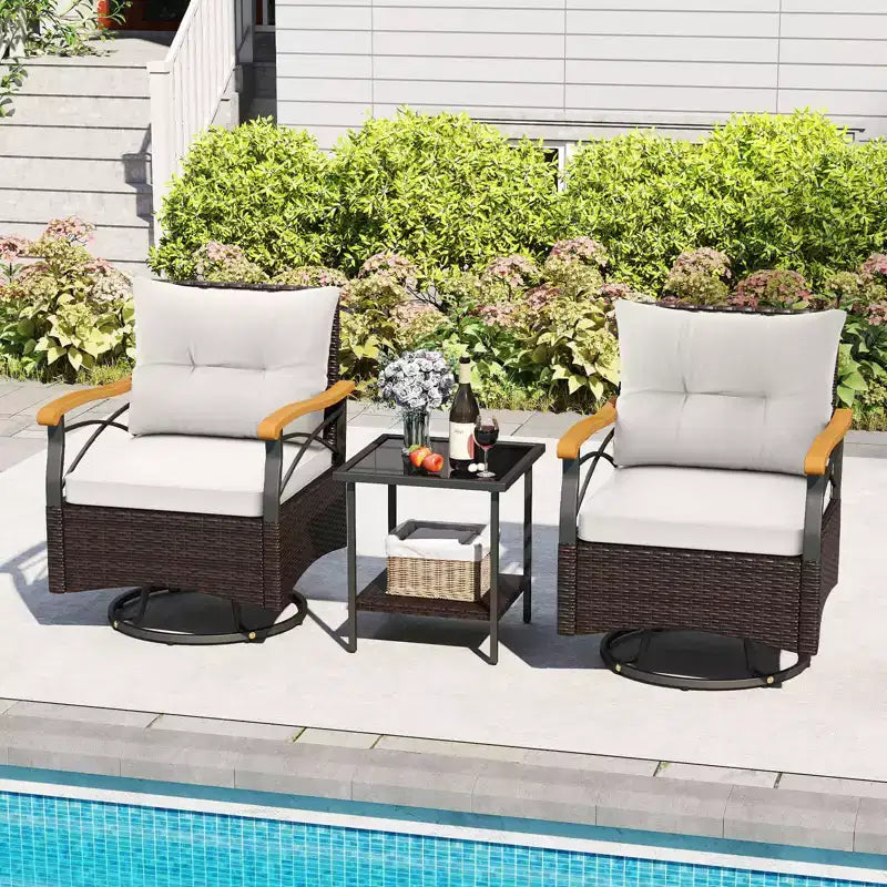 Costway 3-teiliges Outdoor-Schaukelstuhl-Set mit 2-stufigem Beistelltisch aus gehärtetem Glas und Polstern, Grau/Weiß