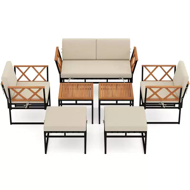 Costway - Ensemble de conversation extérieur 7 pièces avec chaises et tables basses en bois d'acacia, ottomans