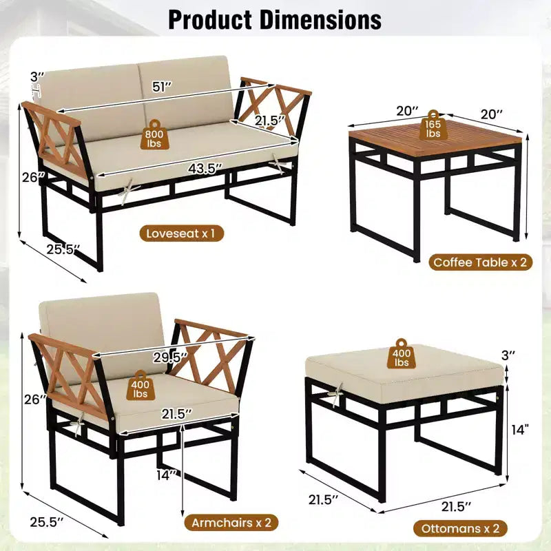 Costway - Ensemble de conversation extérieur 7 pièces avec chaises et tables basses en bois d'acacia, ottomans