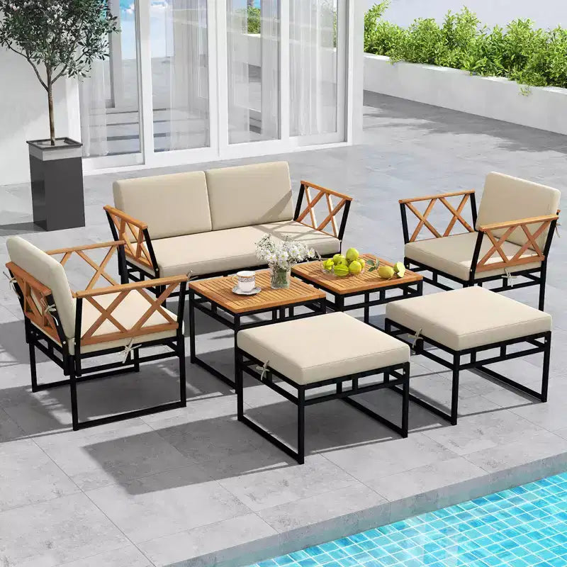 Costway - Ensemble de conversation extérieur 7 pièces avec chaises et tables basses en bois d'acacia, ottomans