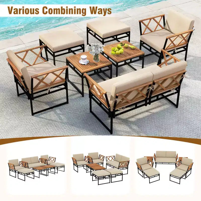Costway - Ensemble de conversation extérieur 7 pièces avec chaises et tables basses en bois d'acacia, ottomans