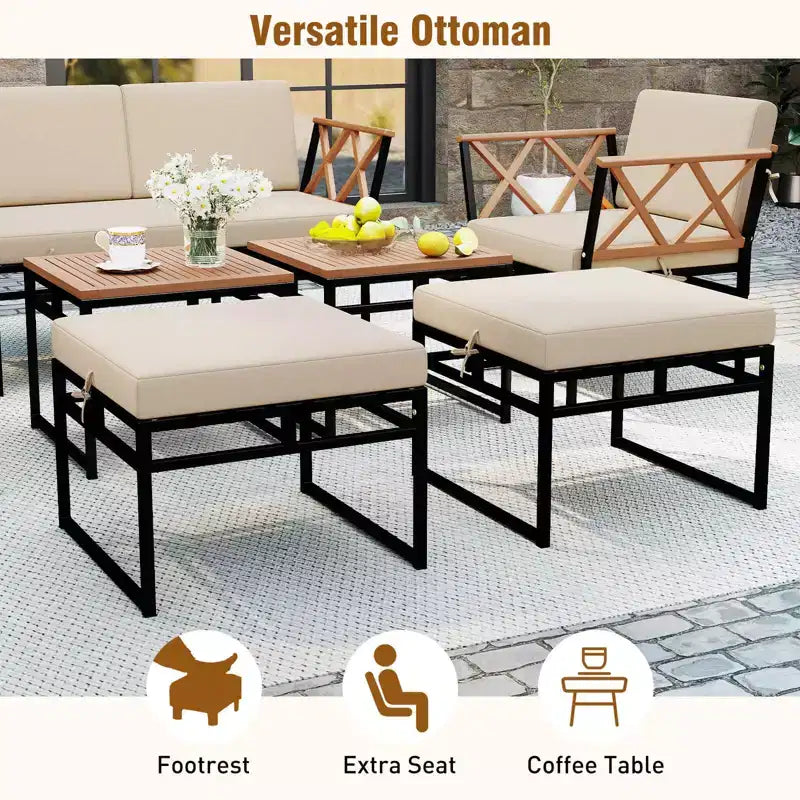 Costway - Ensemble de conversation extérieur 7 pièces avec chaises et tables basses en bois d'acacia, ottomans