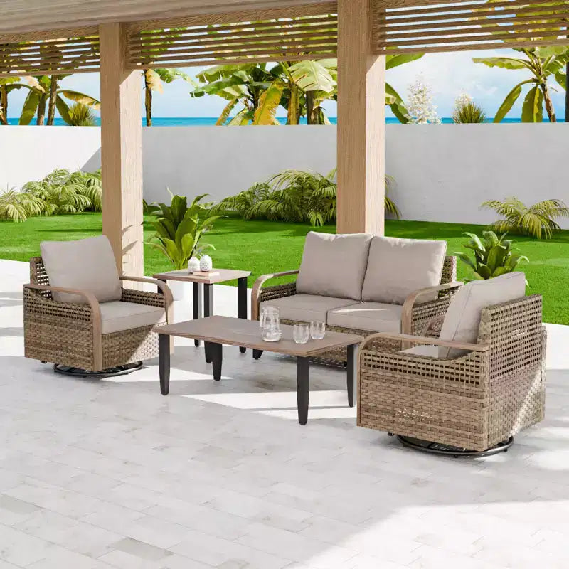 Conjunto de conversación de mimbre para patio exterior EAGLE PEAK, con 2 mecedoras giratorias, sofá de dos plazas, mesa de centro y mesa auxiliar, 5 piezas