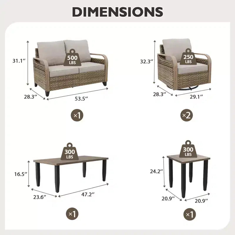 Conjunto de conversación de mimbre para patio exterior EAGLE PEAK, con 2 mecedoras giratorias, sofá de dos plazas, mesa de centro y mesa auxiliar, 5 piezas