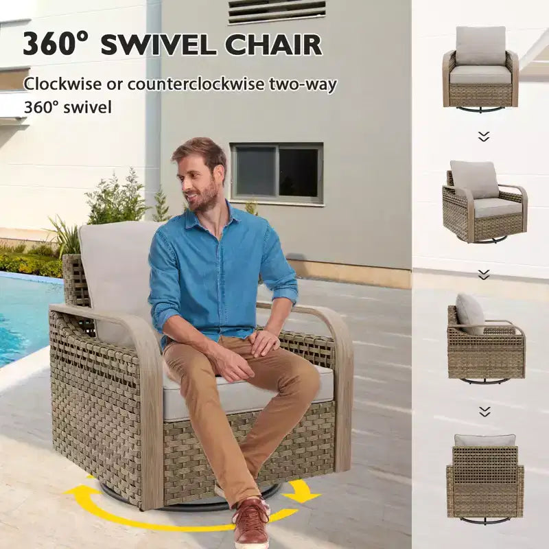 Conjunto de conversación de mimbre para patio exterior EAGLE PEAK, con 2 mecedoras giratorias, sofá de dos plazas, mesa de centro y mesa auxiliar, 5 piezas