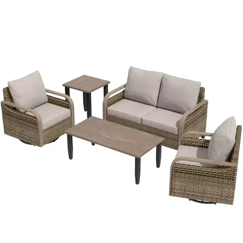 Conjunto de conversación de mimbre para patio exterior EAGLE PEAK, con 2 mecedoras giratorias, sofá de dos plazas, mesa de centro y mesa auxiliar, 5 piezas