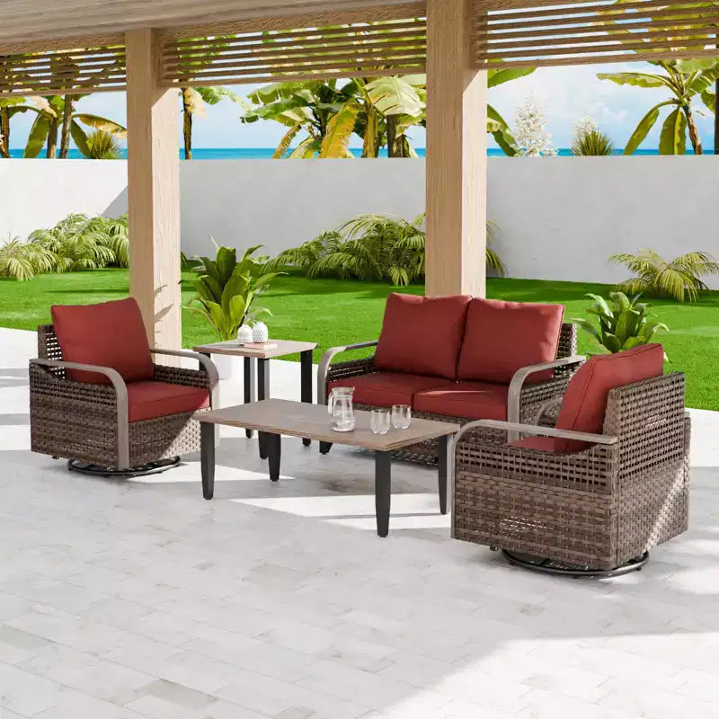 Conjunto de conversación de mimbre para patio exterior EAGLE PEAK, con 2 mecedoras giratorias, sofá de dos plazas, mesa de centro y mesa auxiliar, 5 piezas