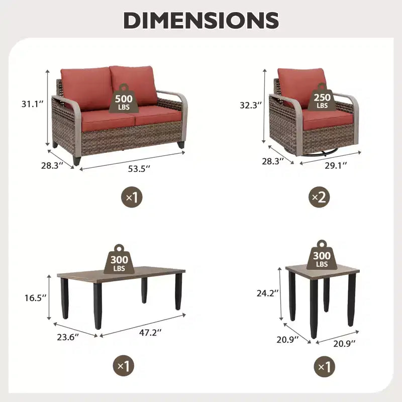 Conjunto de conversación de mimbre para patio exterior EAGLE PEAK, con 2 mecedoras giratorias, sofá de dos plazas, mesa de centro y mesa auxiliar, 5 piezas