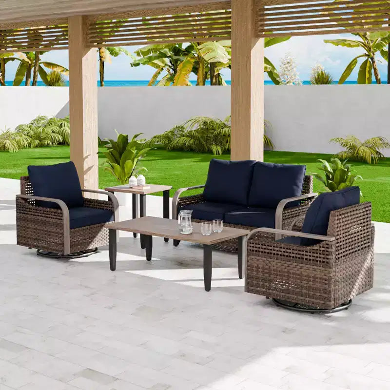 Conjunto de conversación de mimbre para patio exterior EAGLE PEAK, con 2 mecedoras giratorias, sofá de dos plazas, mesa de centro y mesa auxiliar, 5 piezas