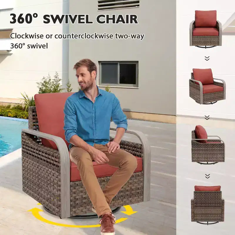 Conjunto de conversación de mimbre para patio exterior EAGLE PEAK, con 2 mecedoras giratorias, sofá de dos plazas, mesa de centro y mesa auxiliar, 5 piezas