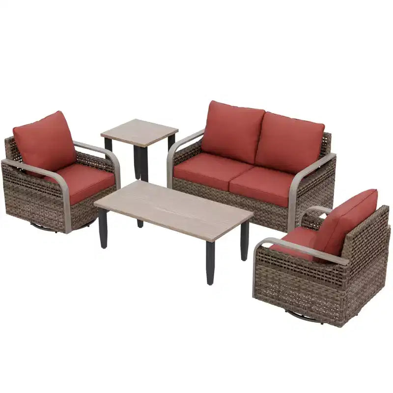 Conjunto de conversación de mimbre para patio exterior EAGLE PEAK, con 2 mecedoras giratorias, sofá de dos plazas, mesa de centro y mesa auxiliar, 5 piezas