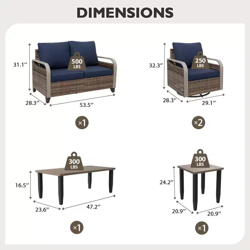 Conjunto de conversación de mimbre para patio exterior EAGLE PEAK, con 2 mecedoras giratorias, sofá de dos plazas, mesa de centro y mesa auxiliar, 5 piezas
