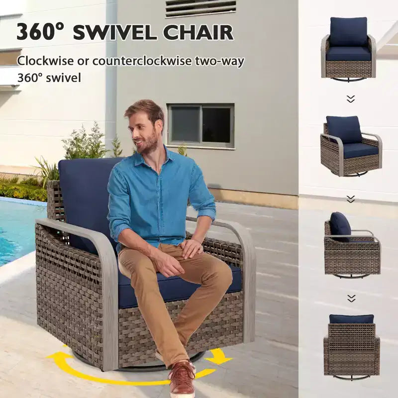 Conjunto de conversación de mimbre para patio exterior EAGLE PEAK, con 2 mecedoras giratorias, sofá de dos plazas, mesa de centro y mesa auxiliar, 5 piezas