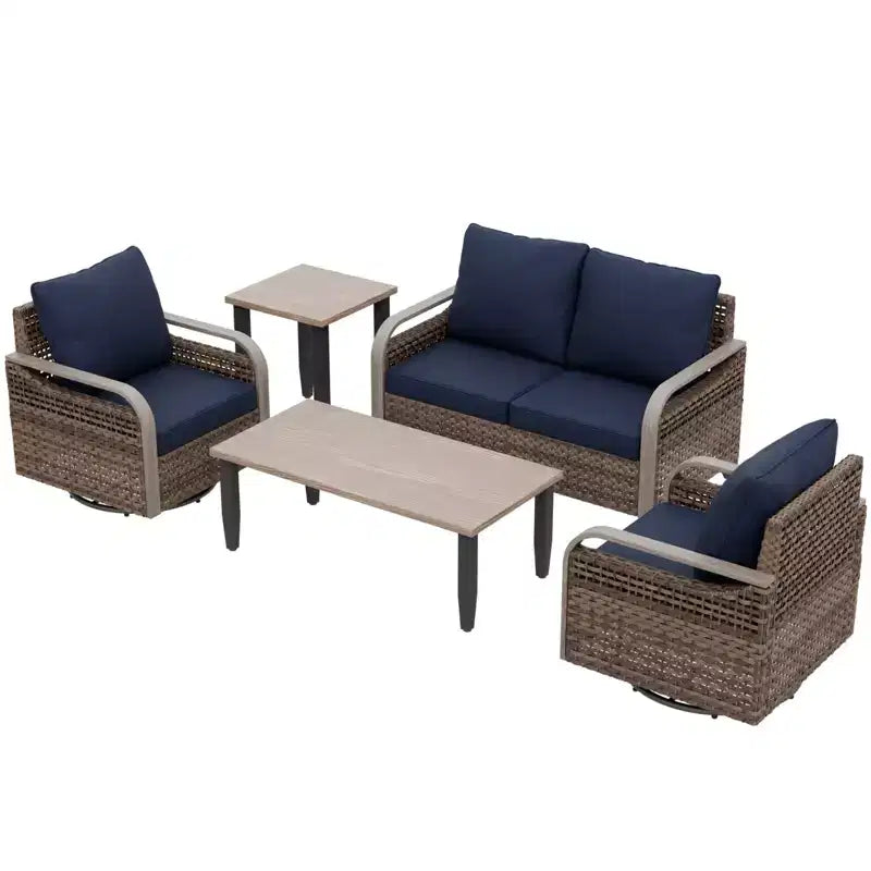 Conjunto de conversación de mimbre para patio exterior EAGLE PEAK, con 2 mecedoras giratorias, sofá de dos plazas, mesa de centro y mesa auxiliar, 5 piezas
