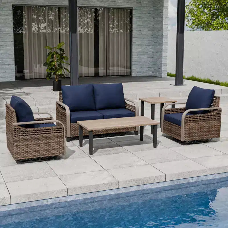 Conjunto de conversación de mimbre para patio exterior EAGLE PEAK, con 2 mecedoras giratorias, sofá de dos plazas, mesa de centro y mesa auxiliar, 5 piezas