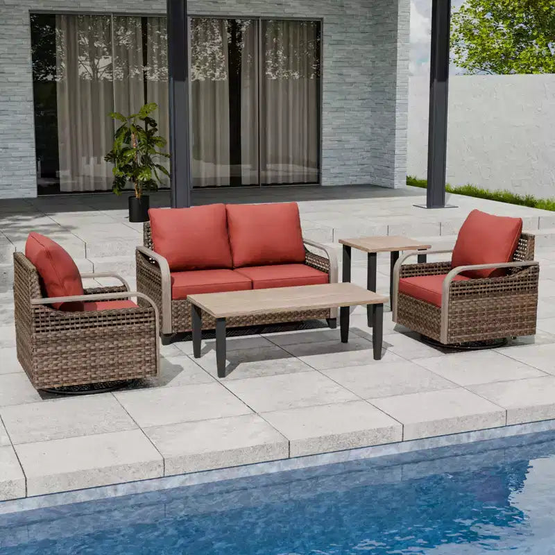 Conjunto de conversación de mimbre para patio exterior EAGLE PEAK, con 2 mecedoras giratorias, sofá de dos plazas, mesa de centro y mesa auxiliar, 5 piezas
