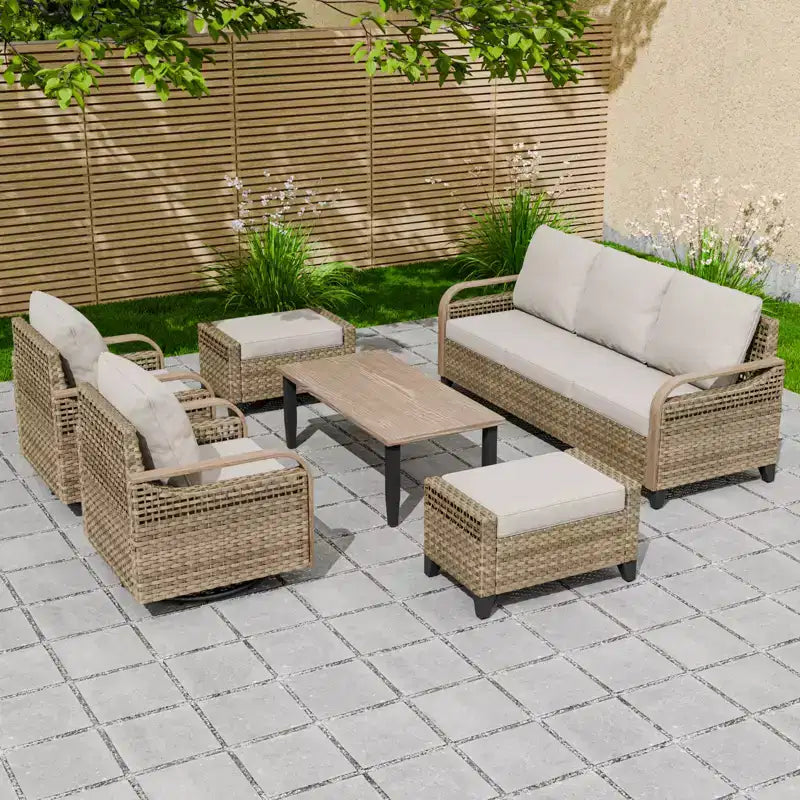 Conjunto de conversación de patio de exterior de mimbre EAGLE PEAK, 2 sillas mecedoras giratorias, sofá de dos plazas para 3 personas, 2 reposapiés y mesa de centro, 6 piezas