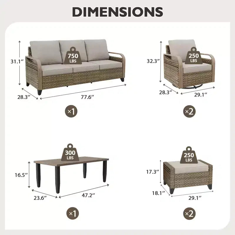 Conjunto de conversación de patio de exterior de mimbre EAGLE PEAK, 2 sillas mecedoras giratorias, sofá de dos plazas para 3 personas, 2 reposapiés y mesa de centro, 6 piezas