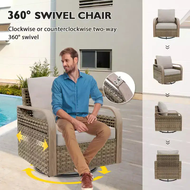 Conjunto de conversación de patio de exterior de mimbre EAGLE PEAK, 2 sillas mecedoras giratorias, sofá de dos plazas para 3 personas, 2 reposapiés y mesa de centro, 6 piezas