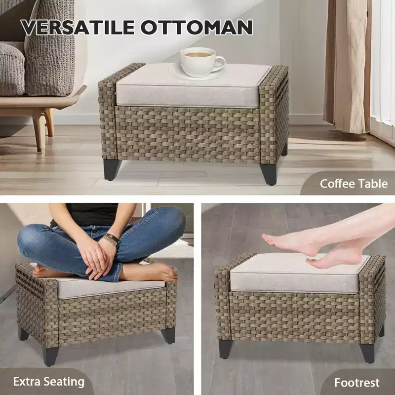 Conjunto de conversación de patio de exterior de mimbre EAGLE PEAK, 2 sillas mecedoras giratorias, sofá de dos plazas para 3 personas, 2 reposapiés y mesa de centro, 6 piezas