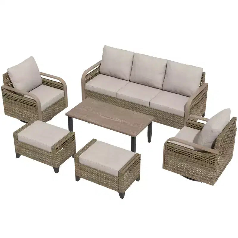 Conjunto de conversación de patio de exterior de mimbre EAGLE PEAK, 2 sillas mecedoras giratorias, sofá de dos plazas para 3 personas, 2 reposapiés y mesa de centro, 6 piezas