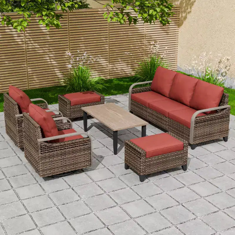 Conjunto de conversación de patio de exterior de mimbre EAGLE PEAK, 2 sillas mecedoras giratorias, sofá de dos plazas para 3 personas, 2 reposapiés y mesa de centro, 6 piezas