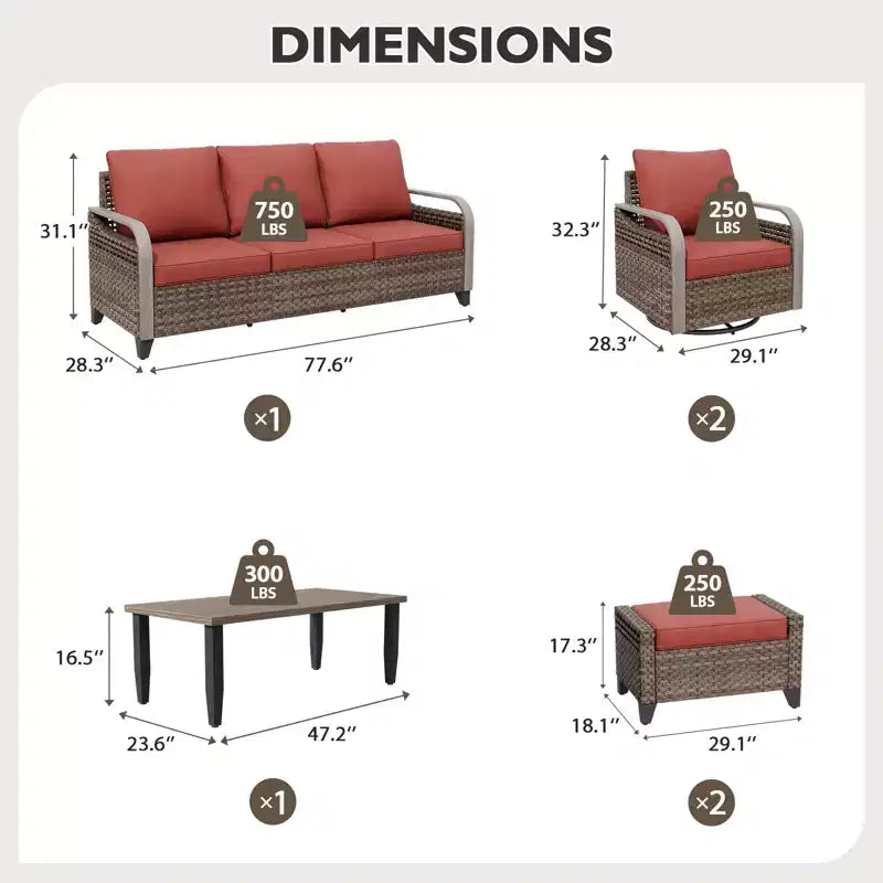 Conjunto de conversación de patio de exterior de mimbre EAGLE PEAK, 2 sillas mecedoras giratorias, sofá de dos plazas para 3 personas, 2 reposapiés y mesa de centro, 6 piezas