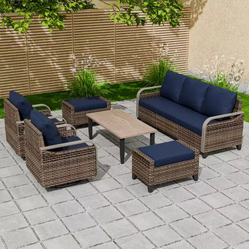 Conjunto de conversación de patio de exterior de mimbre EAGLE PEAK, 2 sillas mecedoras giratorias, sofá de dos plazas para 3 personas, 2 reposapiés y mesa de centro, 6 piezas