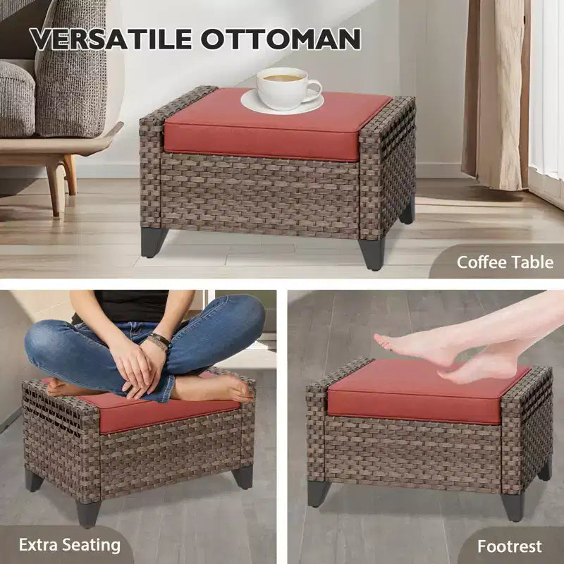 Conjunto de conversación de patio de exterior de mimbre EAGLE PEAK, 2 sillas mecedoras giratorias, sofá de dos plazas para 3 personas, 2 reposapiés y mesa de centro, 6 piezas