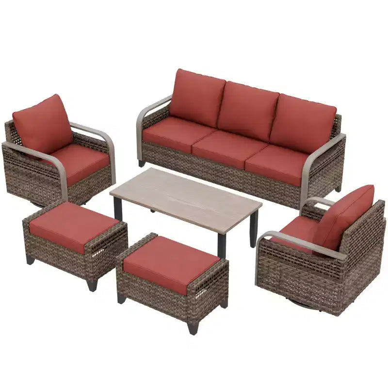 Conjunto de conversación de patio de exterior de mimbre EAGLE PEAK, 2 sillas mecedoras giratorias, sofá de dos plazas para 3 personas, 2 reposapiés y mesa de centro, 6 piezas