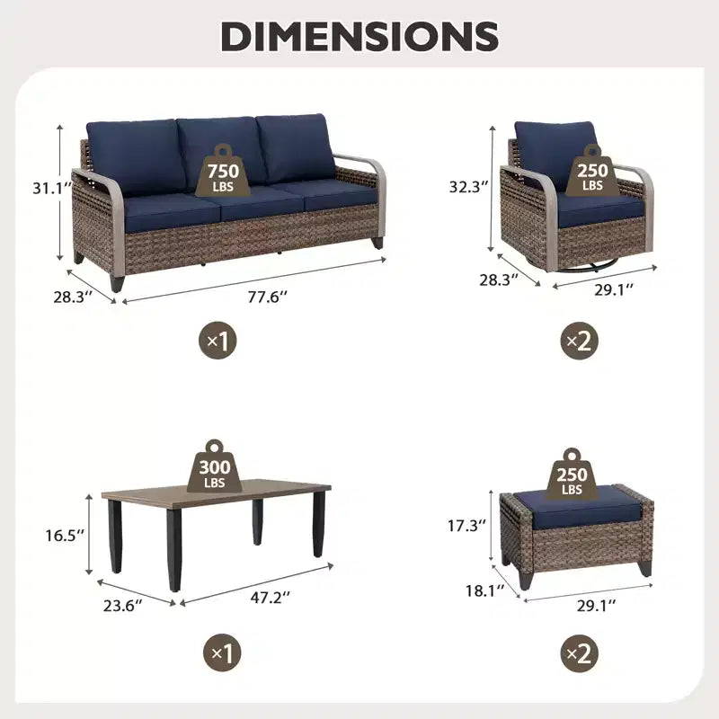 Conjunto de conversación de patio de exterior de mimbre EAGLE PEAK, 2 sillas mecedoras giratorias, sofá de dos plazas para 3 personas, 2 reposapiés y mesa de centro, 6 piezas