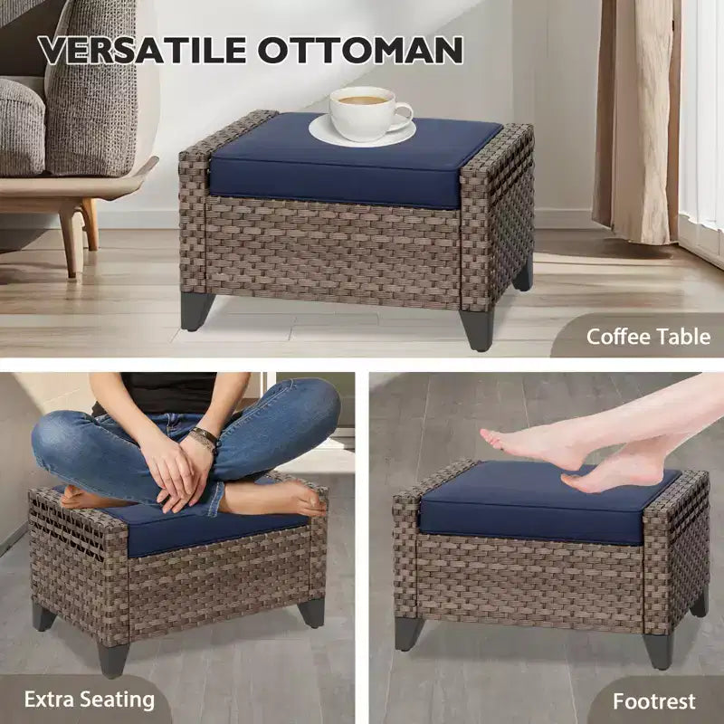Conjunto de conversación de patio de exterior de mimbre EAGLE PEAK, 2 sillas mecedoras giratorias, sofá de dos plazas para 3 personas, 2 reposapiés y mesa de centro, 6 piezas