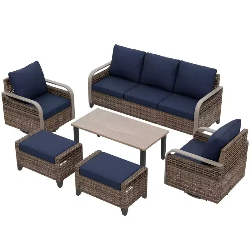 Conjunto de conversación de patio de exterior de mimbre EAGLE PEAK, 2 sillas mecedoras giratorias, sofá de dos plazas para 3 personas, 2 reposapiés y mesa de centro, 6 piezas