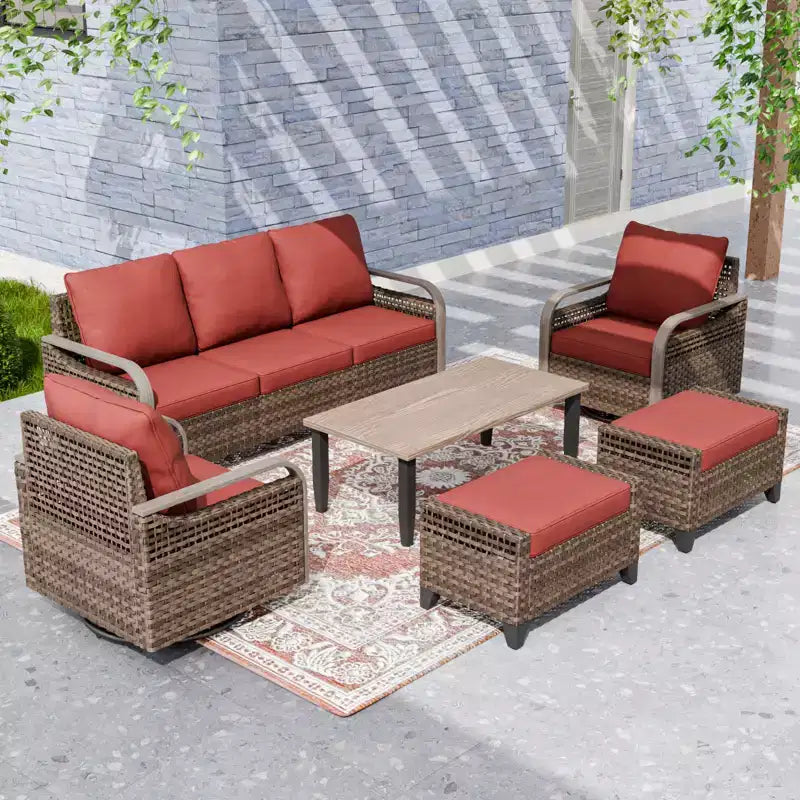 Conjunto de conversación de patio de exterior de mimbre EAGLE PEAK, 2 sillas mecedoras giratorias, sofá de dos plazas para 3 personas, 2 reposapiés y mesa de centro, 6 piezas