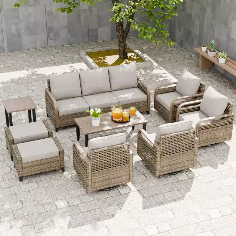 Conjunto de conversación de mimbre para patio exterior EAGLE PEAK, 4 sillas mecedoras giratorias, sofá biplaza de 3 asientos, 2 otomanas y mesa, 9 piezas